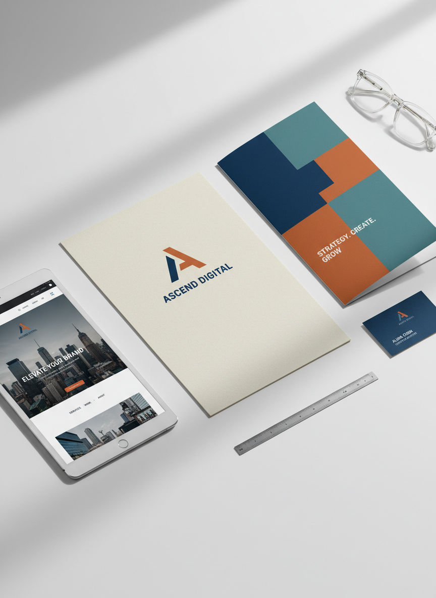 A collection of meticulously arranged branding materials spread across a matte white tabletop: a minimalist logo on a letterhead, a tri-fold brochure with bold accent colors, a sleek business card, and a tablet showing a responsive website mockup. Each piece features consistent typography and a cohesive color palette inspired by contemporary marketing design. A pair of transparent acetate frames and a slim metal ruler rest nearby, suggesting precise layout work. Soft studio lighting from the left creates gentle, even illumination and crisp but subtle shadows. Photographic realism, shot from a slightly elevated angle with sharp focus throughout, conveying a polished, professional portfolio-ready presentation.