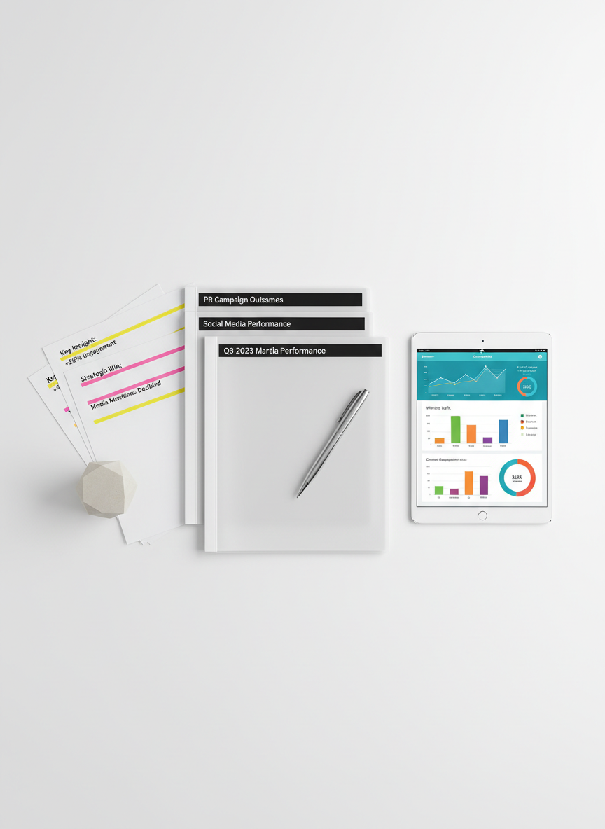 A pristine white background showcasing a neatly stacked set of printed marketing reports, each bound with clear covers and labeled spines, alongside a tablet displaying an analytics dashboard with line graphs, bar charts, and engagement metrics in vivid colors. A chrome pen rests diagonally across the top report, and a small, geometric concrete paperweight anchors loose pages featuring highlighted key insights. Subtle overhead studio lighting casts soft, professional shadows and defines the textures of paper, glass, and metal. Photographic realism with a minimalist, high-key aesthetic, captured from a top-down perspective to emphasize order, clarity, and data-driven decision-making suitable for a marketing and PR portfolio.