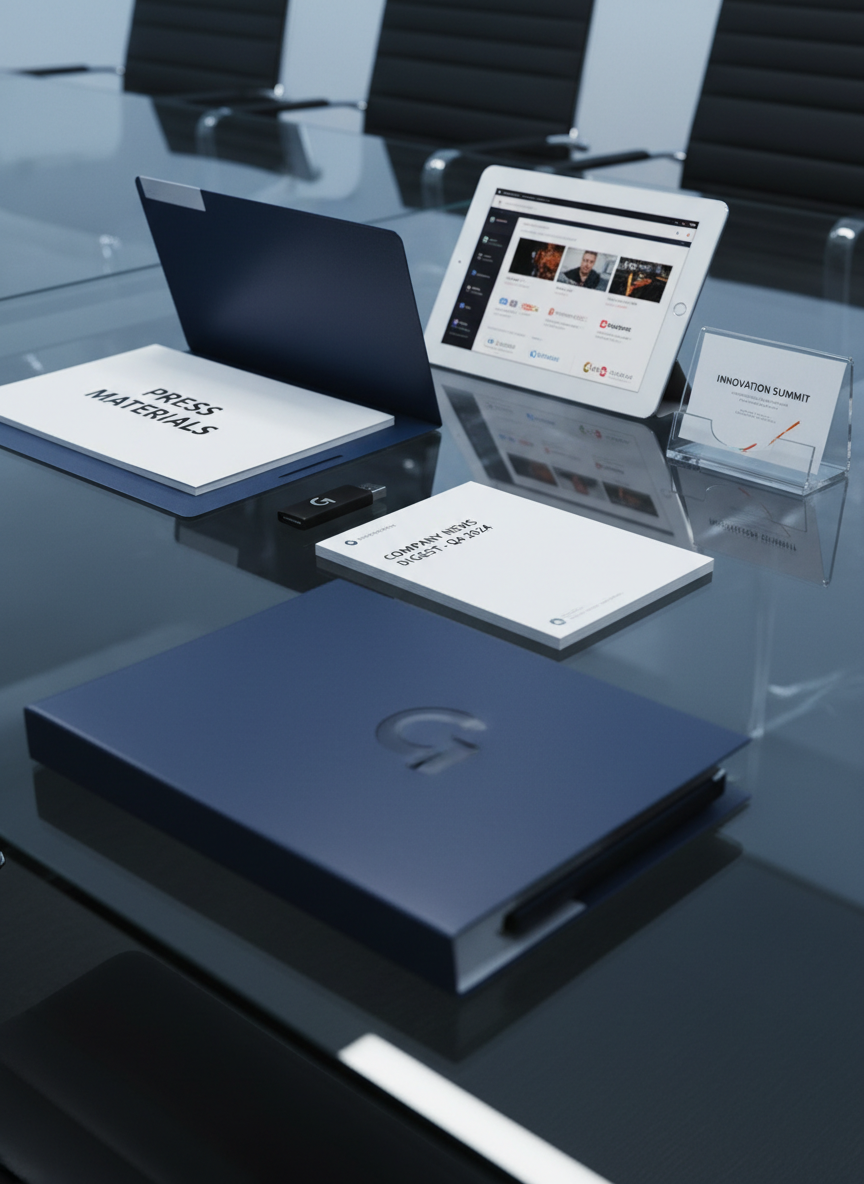 A polished glass conference table holding a carefully arranged media kit: a glossy presentation folder slightly open to reveal a cover page titled “Press Materials,” a USB drive with a subtle logo, a slim press release booklet with clean typography, and a tablet paused on a press coverage slideshow. Beside them, a small, modern acrylic stand displays a mock event invitation. Cool, indirect office lighting and soft reflections in the glass create a sophisticated, corporate atmosphere. Photographic realism, shot from a low, three-quarter angle with moderate depth of field, highlighting the sharp edges and professional finishes of each item, conveying readiness for real-world PR outreach and client presentations.